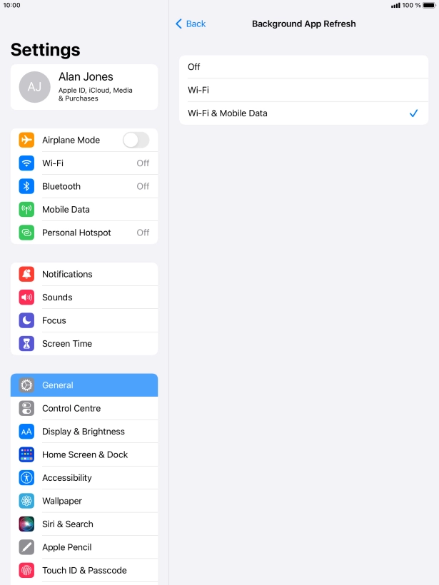 To turn off background refresh of apps, press Off. To turn off background refresh of apps, press Off.
