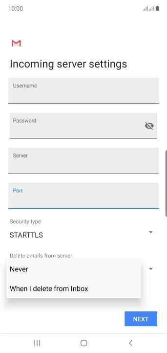 Press Never to keep email messages on the server when you delete them on your phone.