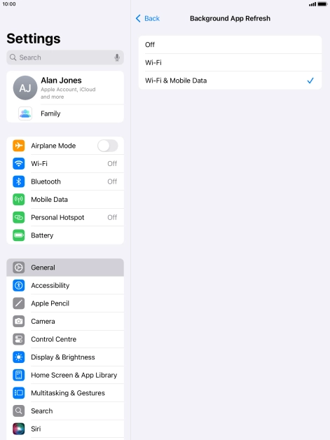 To turn off background refresh of apps, press Off.