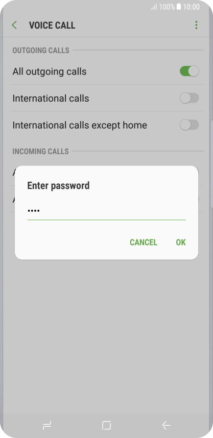 Key in your barring password and press OK. The default barring password is 0000.