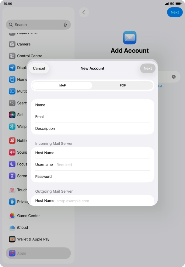Press Username and key in the username for your email account. Press Username and key in the username for your email account.