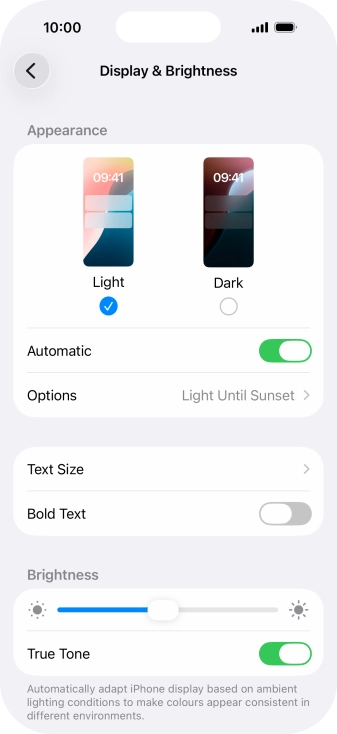 If you turn on the function, press Options and follow the instructions on the screen to select the required period of time for Dark Mode.