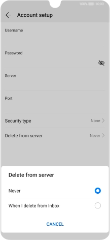 Press Never to keep email messages on the server when you delete them on your phone.