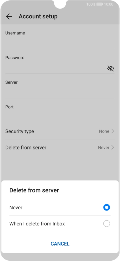 Press Never to keep email messages on the server when you delete them on your phone.