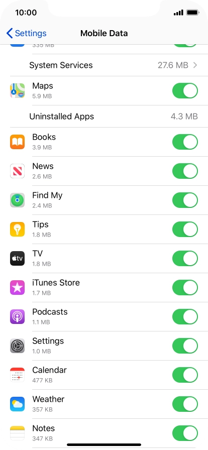 Press the indicators next to the required applications to turn the function on or off.