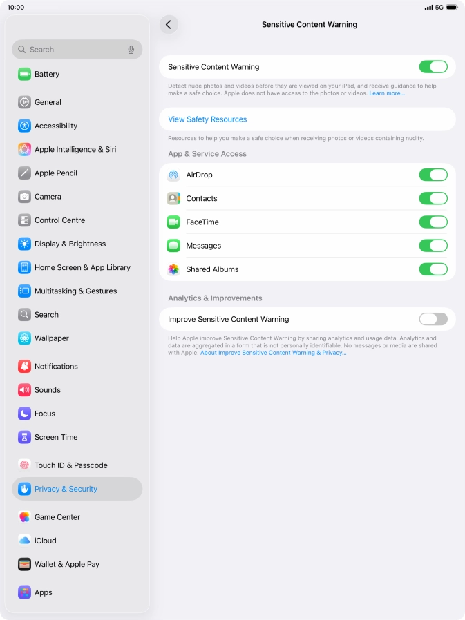 Press the indicators next to the required applications to turn the function on or off.