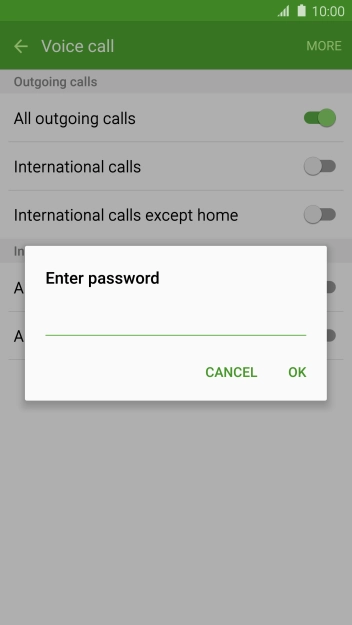 Key in your barring password and press OK. The default barring password is 0000.