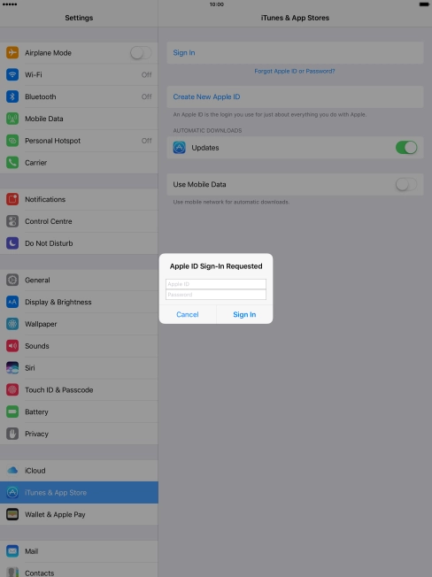 Press Apple ID and key in the username for your Apple ID. Press Apple ID and key in the username for your Apple ID.