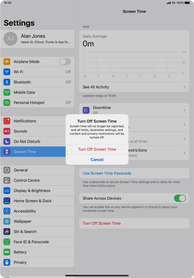 Press Turn Off Screen Time. Press Turn Off Screen Time.