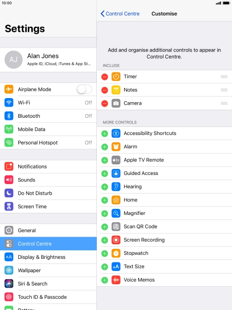Press the delete icon next to the required function to remove it from Control Centre. Press the delete icon next to the required function to remove it from Control Centre.