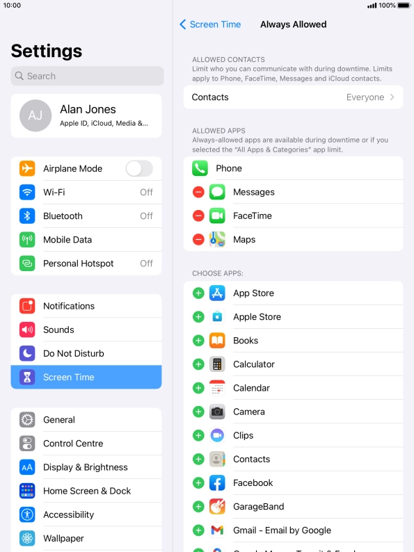 Press the add icon next to the required app to add it to the list of allowed apps during Downtime.