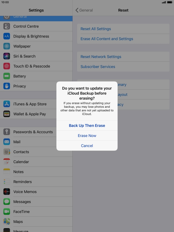 Press the required setting.
