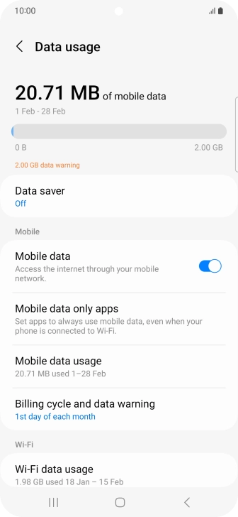 The total data usage is displayed. The total data usage is displayed.