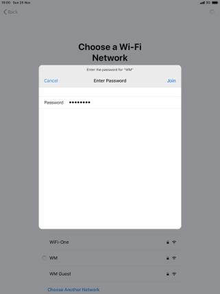 Key in the password for the Wi-Fi network and press Join. Key in the password for the Wi-Fi network and press Join.