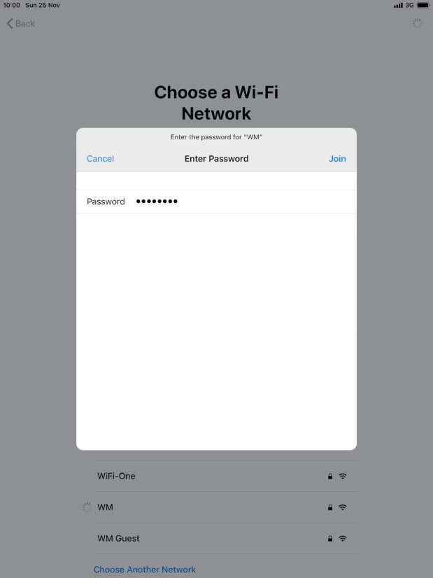 Key in the password for the Wi-Fi network and press Join. Key in the password for the Wi-Fi network and press Join.