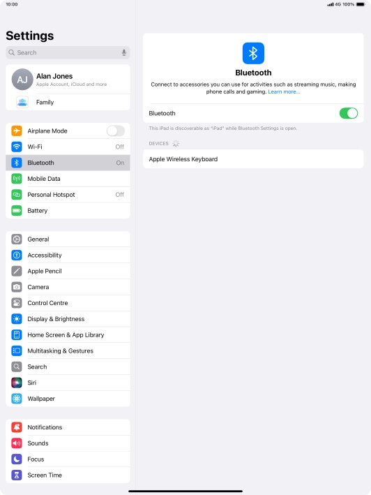Press the required Bluetooth device and follow the instructions on the screen to pair the device with your tablet.