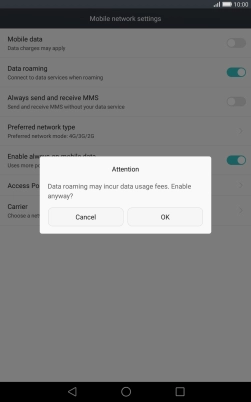 If you turn on data roaming, press OK.