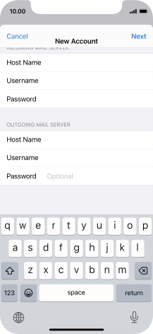 Press Password and key in the password for your email account. Please note that if you're using Vodafone's outgoing server, leave the password field empty. Press Password and key in the password for your email account. Please note that if you're using Vodafone's outgoing server, leave the password field empty.