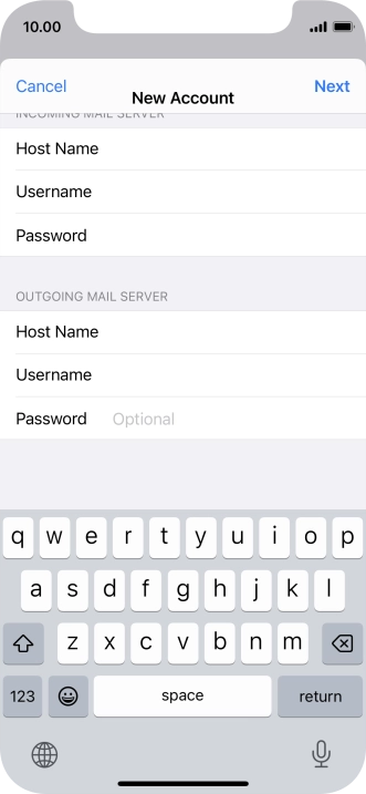 Press Password and key in the password for your email account. Please note that if you're using Vodafone's outgoing server, leave the password field empty. Press Password and key in the password for your email account. Please note that if you're using Vodafone's outgoing server, leave the password field empty.