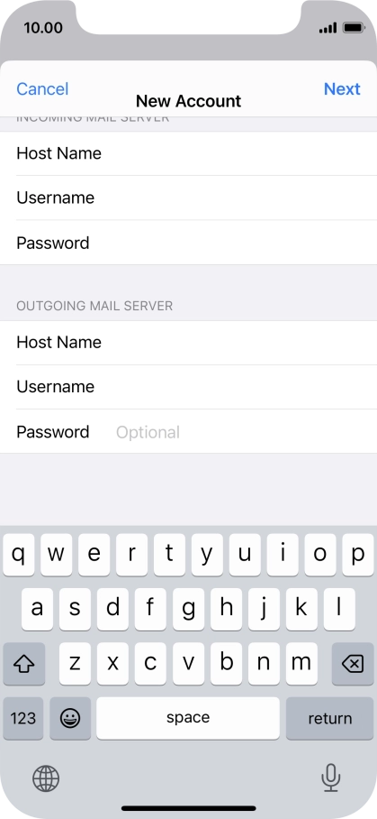 Press Password and key in the password for your email account. Please note that if you're using Vodafone's outgoing server, leave the password field empty. Press Password and key in the password for your email account. Please note that if you're using Vodafone's outgoing server, leave the password field empty.