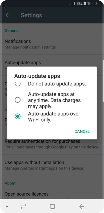 To turn on automatic update of apps using Wi-Fi, press Auto-update apps over Wi-Fi only.. To turn on automatic update of apps using Wi-Fi, press Auto-update apps over Wi-Fi only..