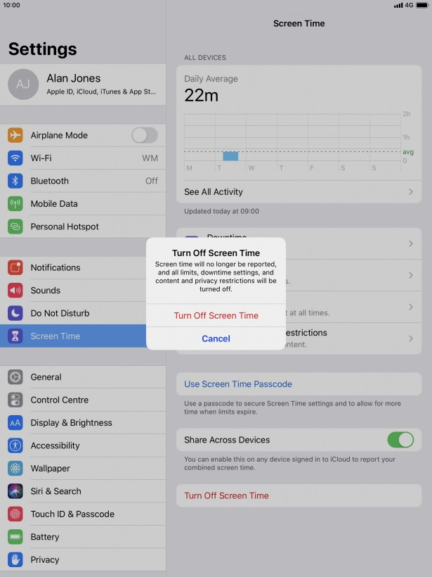 Press Turn Off Screen Time. Press Turn Off Screen Time.