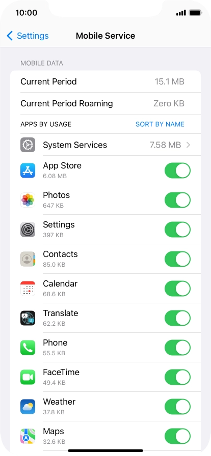 The data usage for each application is displayed below the name of the application.