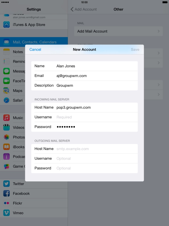 Press Username and key in the username for your email account.