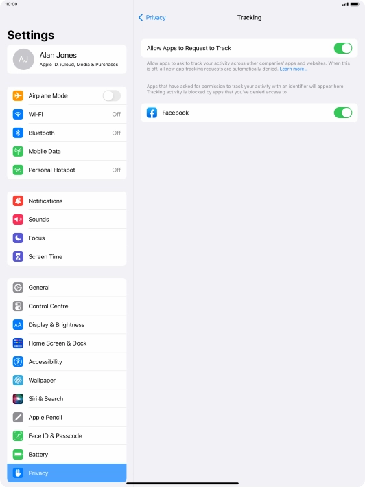 Press Allow Apps to Request to Track to turn the function on or off. Press Allow Apps to Request to Track to turn the function on or off.