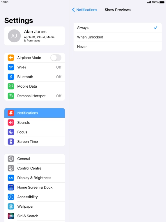 To select notification preview on the lock screen, press Always.