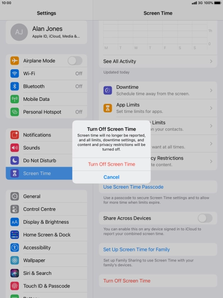 Press Turn Off Screen Time. Press Turn Off Screen Time.