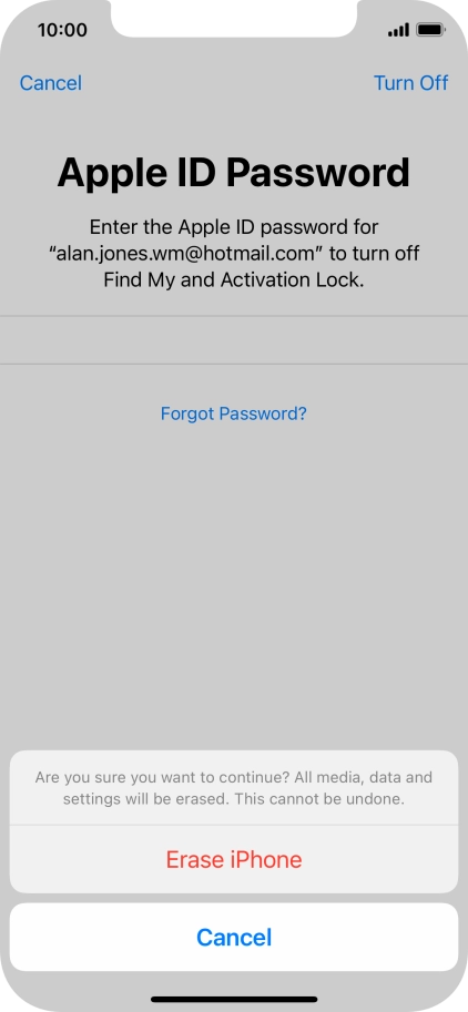 Key in the password for your Apple ID and press Erase iPhone. Wait a moment while the factory default settings are restored. Follow the instructions on the screen to set up your phone and prepare it for use. Key in the password for your Apple ID and press Erase iPhone. Wait a moment while the factory default settings are restored. Follow the instructions on the screen to set up your phone and prepare it for use.