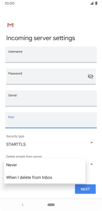 Press Never to keep email messages on the server when you delete them on your phone.