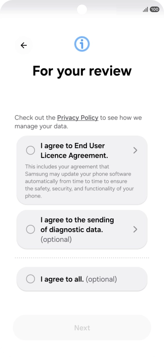 Press the fields next to the required settings to select them. Press the fields next to the required settings to select them.