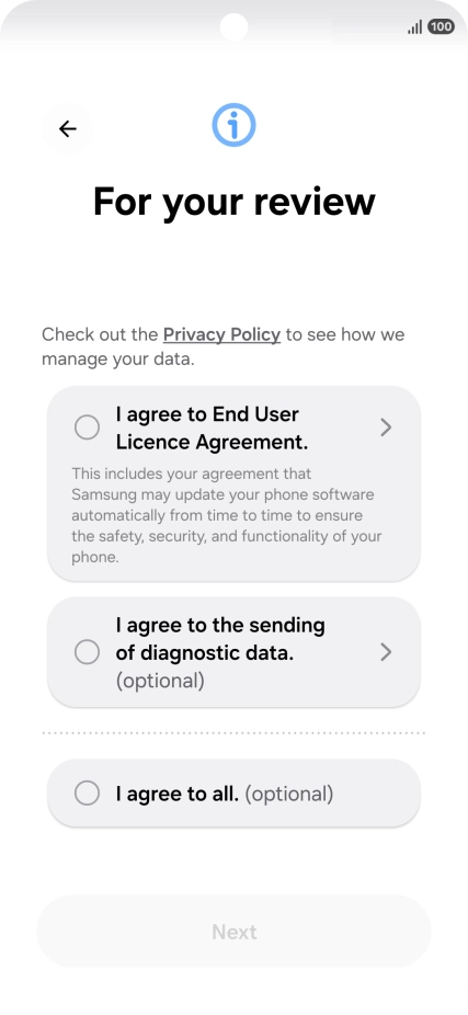 Press the fields next to the required settings to select them. Press the fields next to the required settings to select them.