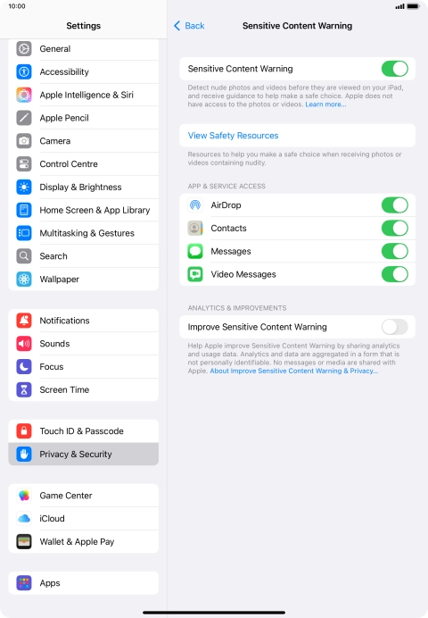 Press the indicators next to the required applications to turn the function on or off. Press the indicators next to the required applications to turn the function on or off.