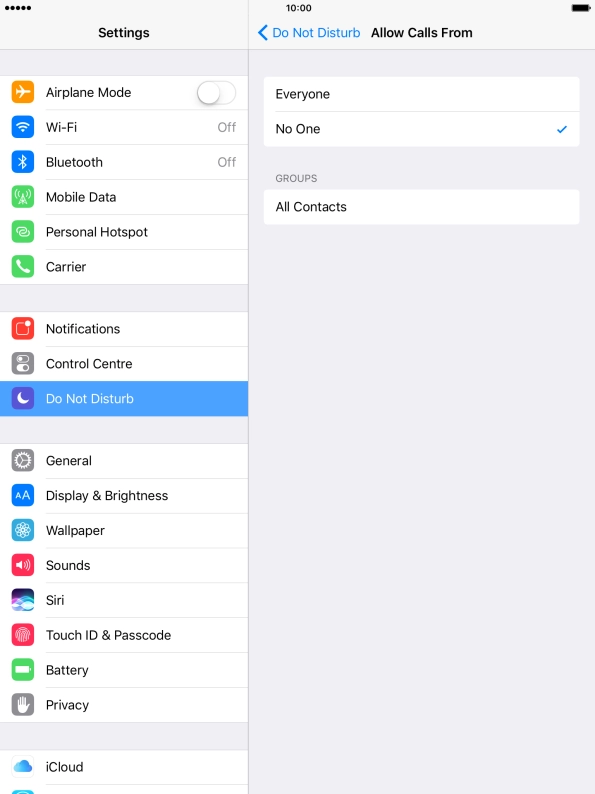 Press the required setting to select which contacts can call you even though Do Not Disturb is turned on.