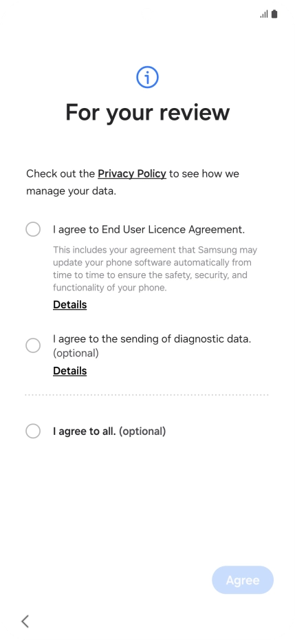 Press the fields next to the required settings to select them. Press the fields next to the required settings to select them.