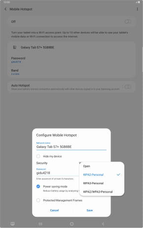 Press WPA2-Personal to password protect your Wi-Fi hotspot. Press WPA2-Personal to password protect your Wi-Fi hotspot.