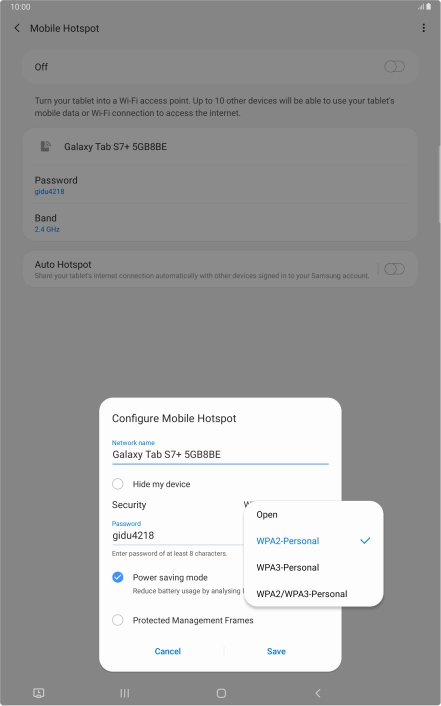 Press WPA2-Personal to password protect your Wi-Fi hotspot. Press WPA2-Personal to password protect your Wi-Fi hotspot.