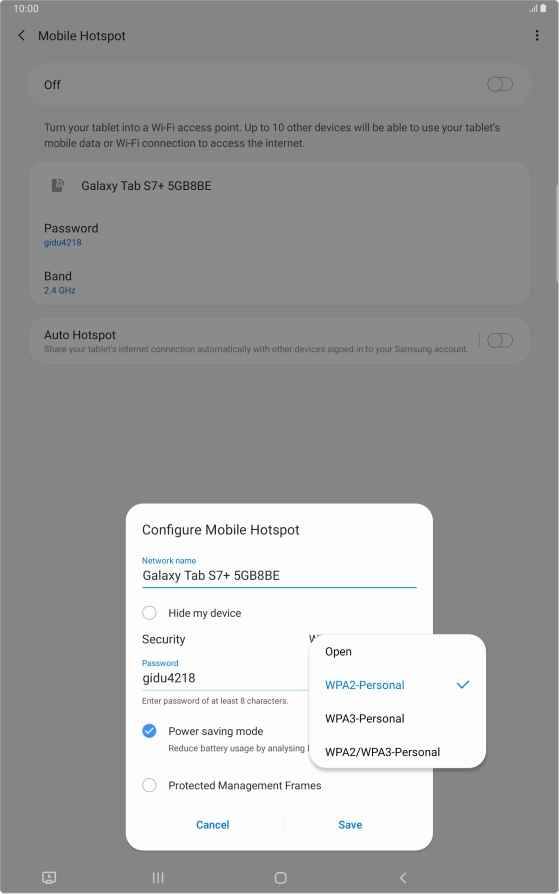 Press WPA2-Personal to password protect your Wi-Fi hotspot. Press WPA2-Personal to password protect your Wi-Fi hotspot.