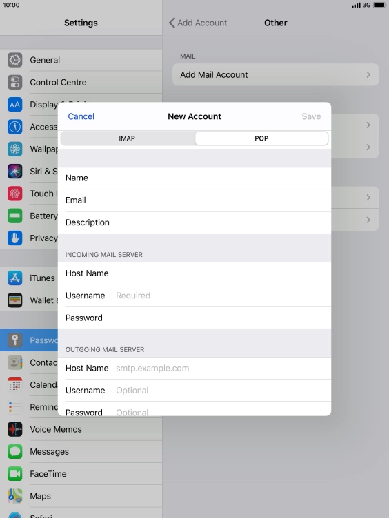 Press Username and key in the username for your email account.