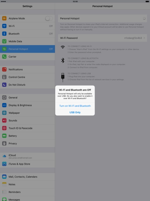 Press Turn on Wi-Fi and Bluetooth. An internet connection from your computer via your tablet is automatically established. Press Turn on Wi-Fi and Bluetooth. An internet connection from your computer via your tablet is automatically established.