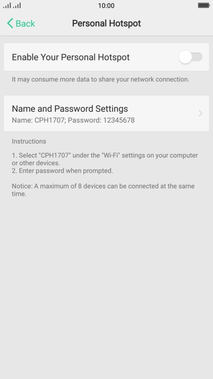 Press Name and Password Settings.