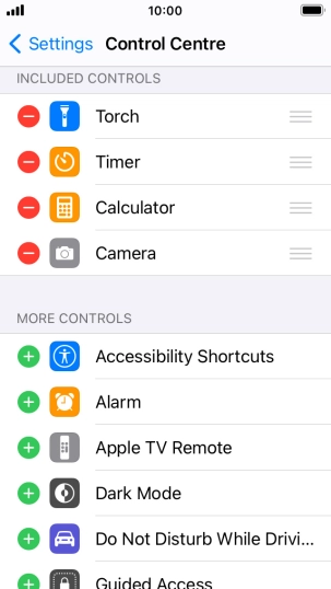 Press the delete icon next to the required function to remove it from Control Centre. Press the delete icon next to the required function to remove it from Control Centre.
