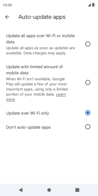 To turn on automatic update of apps using mobile network, press Update all apps over Wi-Fi or mobile data. To turn on automatic update of apps using mobile network, press Update all apps over Wi-Fi or mobile data.