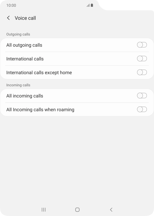 Press the indicator next to the required barring type to turn the function on or off. Press the indicator next to the required barring type to turn the function on or off.