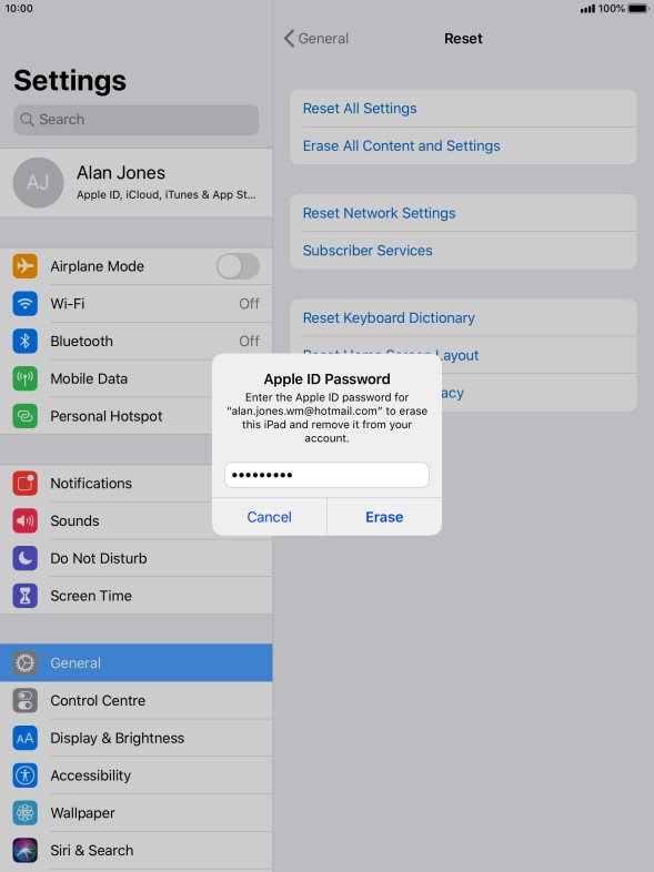 Key in the password for your Apple ID and press Erase. Wait a moment while the factory default settings are restored. Follow the instructions on the screen to set up your tablet and prepare it for use.