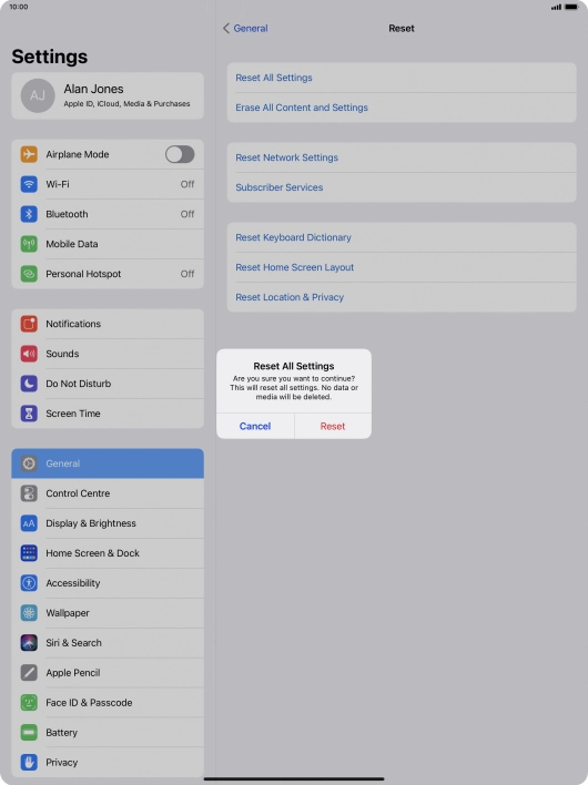 Press Reset. Wait a moment while the factory default settings are restored. Follow the instructions on the screen to set up your tablet and prepare it for use.