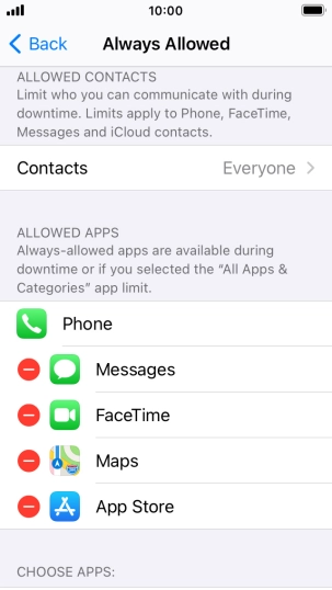 Press the remove icon next to the required app to remove it from the list of allowed apps during Downtime.